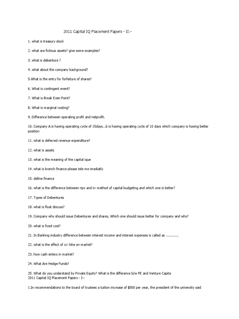 2011 Capital IQ Placement Papers Overview | PDF | Income Statement ...