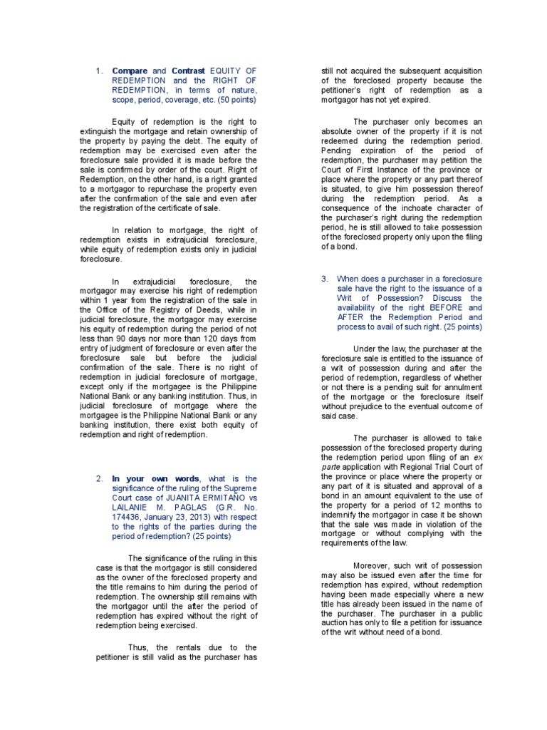 Equity Vs Right of Redemption PDF Mortgage Law Foreclosure