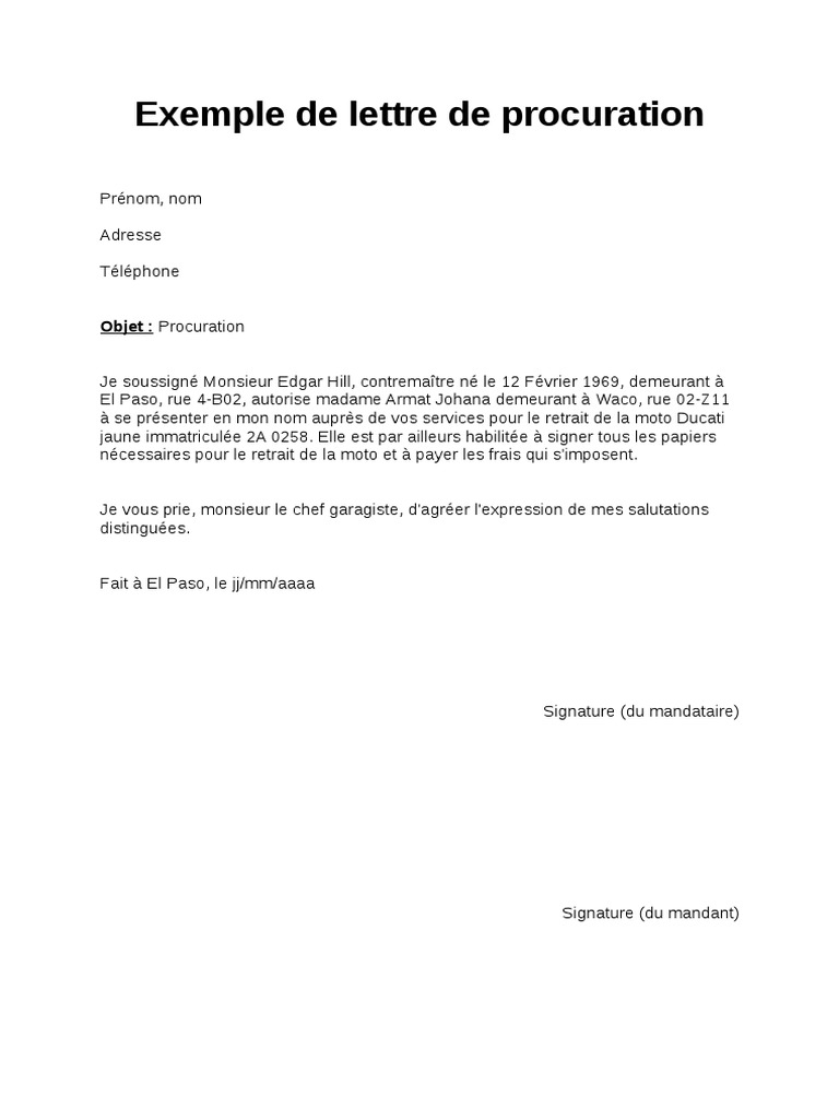 Exemple de Lettre de Procuration PDF