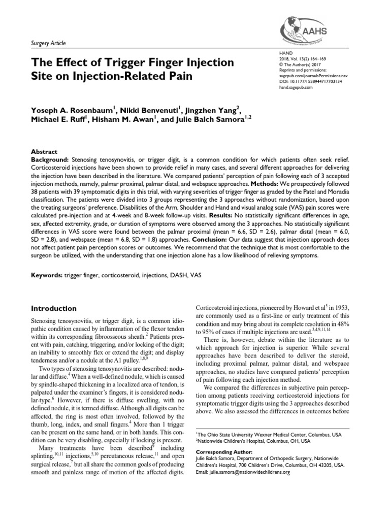 The Effect of Trigger Finger Injection Site On Injection-Related Pain ...
