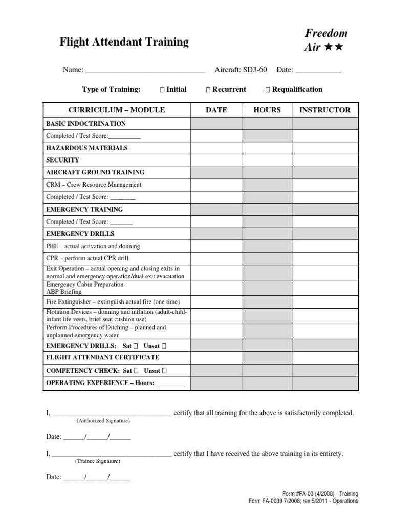 Form FA 0039 Flight Attendant Training | PDF
