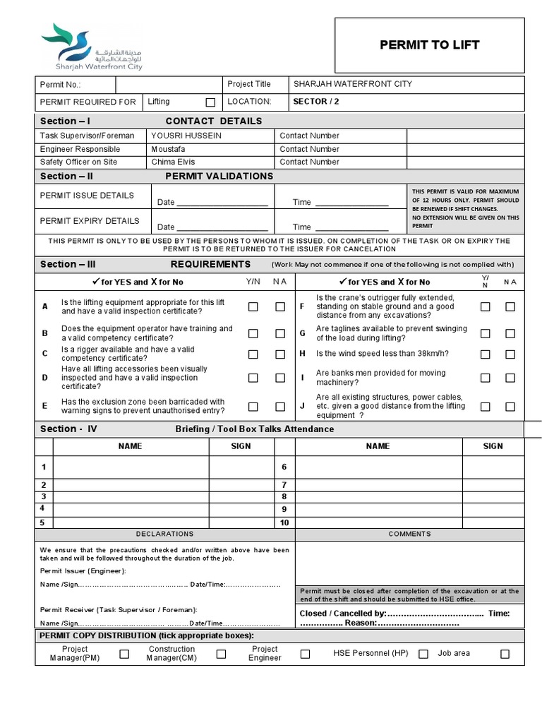 Lifting Activity Permit To Work Business