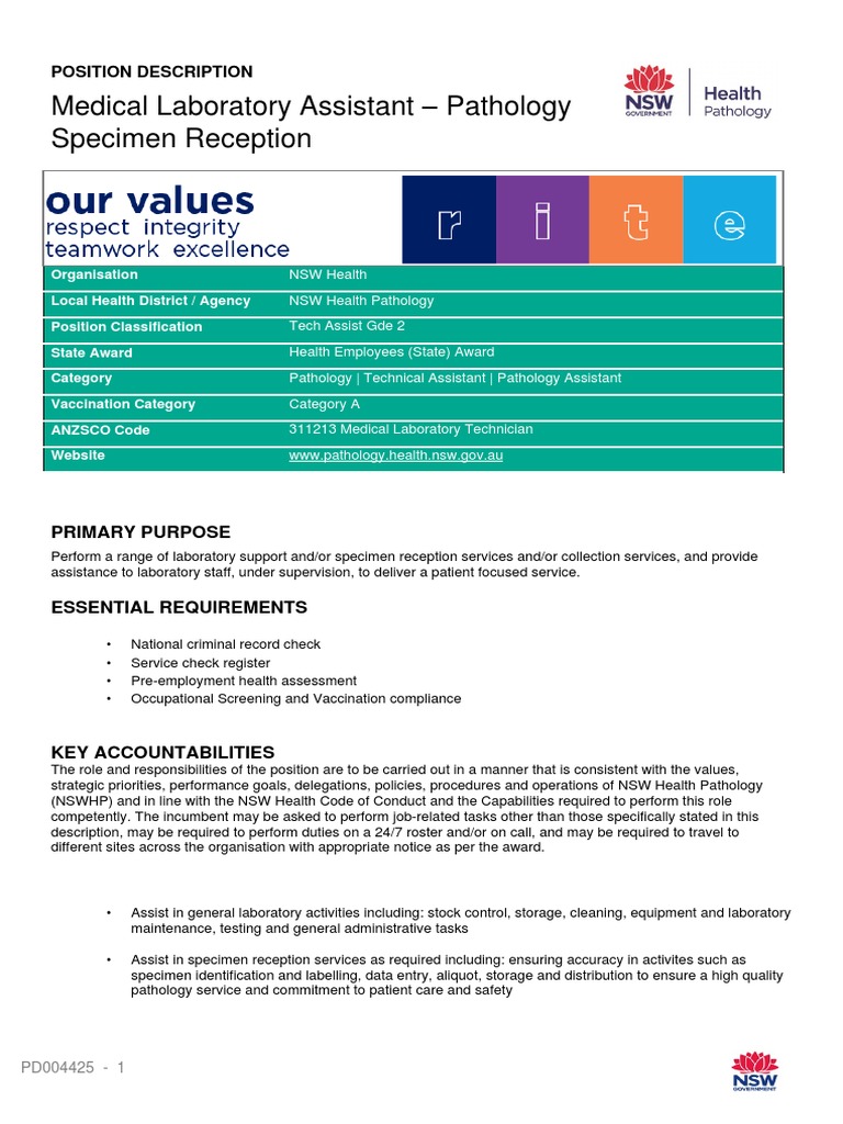Medical Laboratory Assistant Pathology Specimen Reception Position