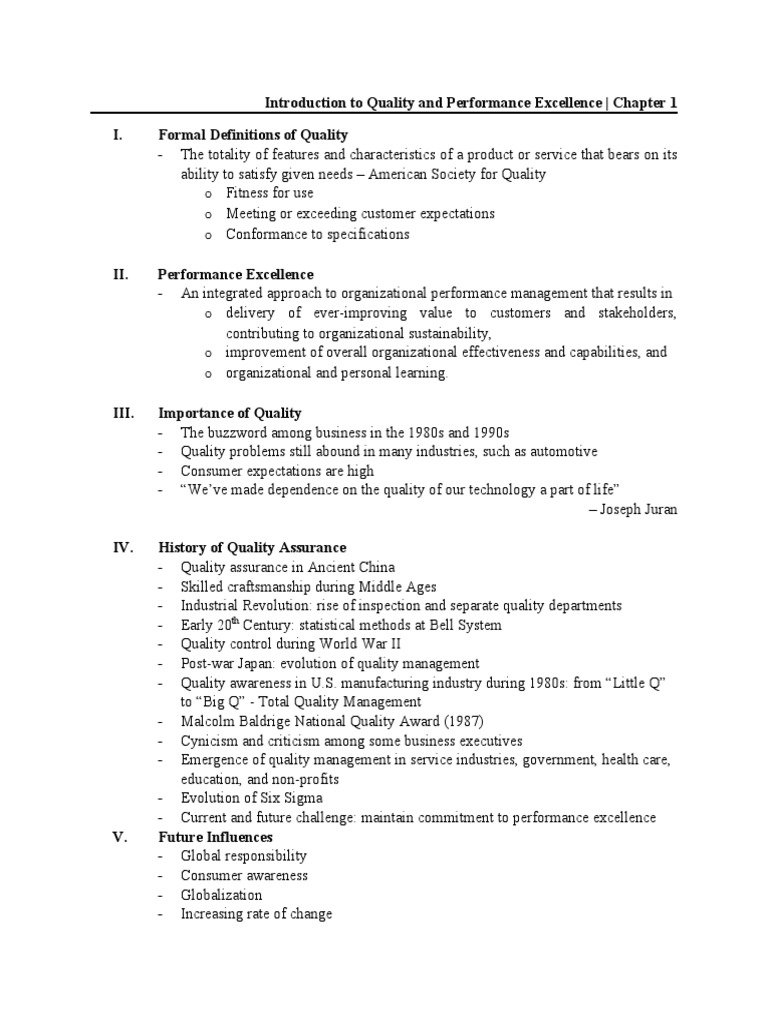 CHAPTER 1 - OUTLINE For QUALITY AND PERFORMANCE EXCELLENCE | PDF ...