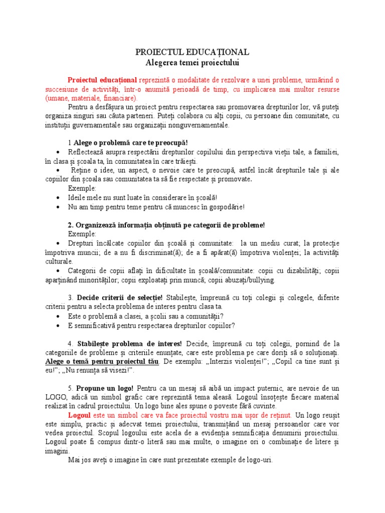 Proiectul Educational - Alegerea Temei Proiectului | PDF