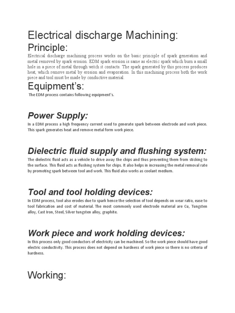 Electrical Discharge Machining:: Principle | PDF | Machining | Materials