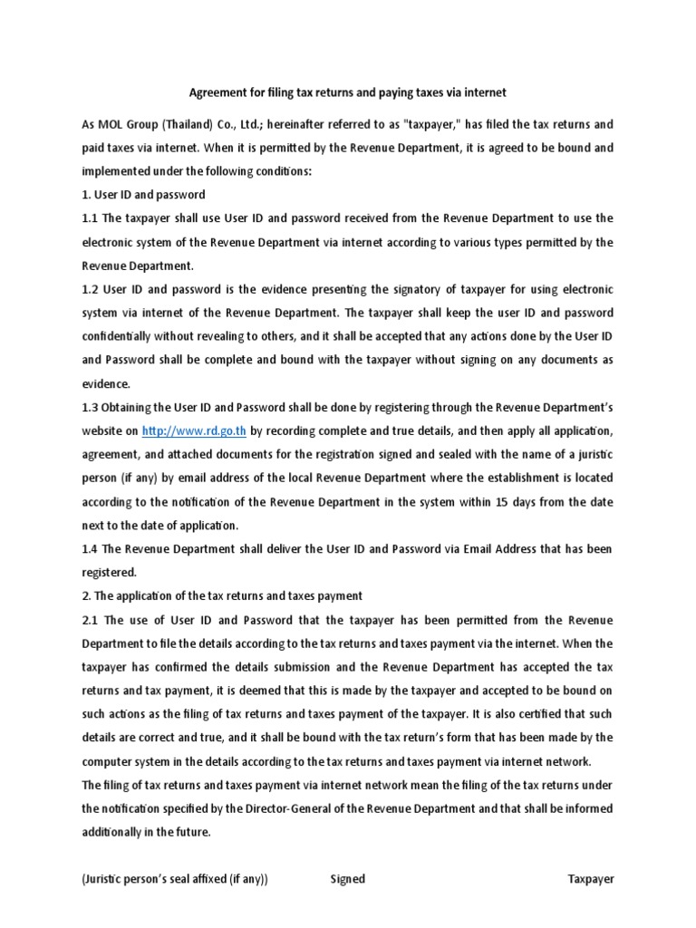 Agreement For Filing Tax Returns and Paying Taxes Via Internet ...