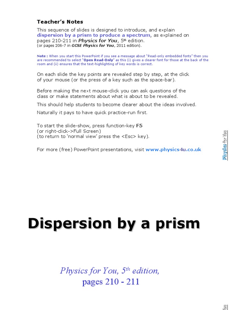Teacher's Notes: Dispersion by A Prism To Produce A Spectrum | PDF ...