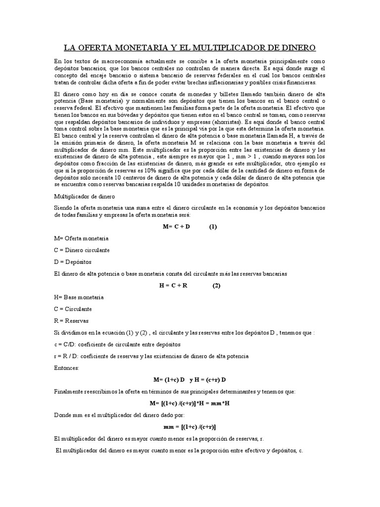 La Oferta Monetaria y El Multiplicador de Dinero | PDF | Base monetaria ...