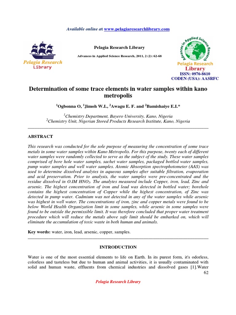 Determination of Some Trace Elements in Water Samples Within Kano ...