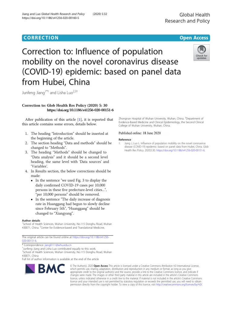 Correction To: Influence of Population Mobility On The Novel ...