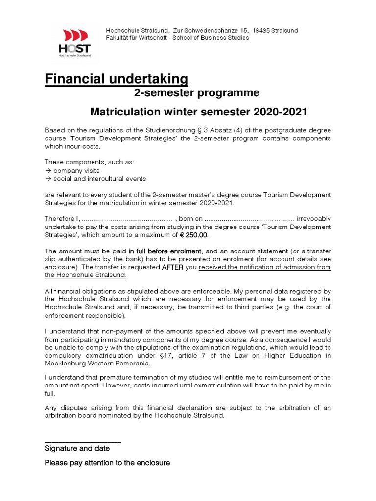 Financial Undertaking: 2-Semester Programme Matriculation Winter ...