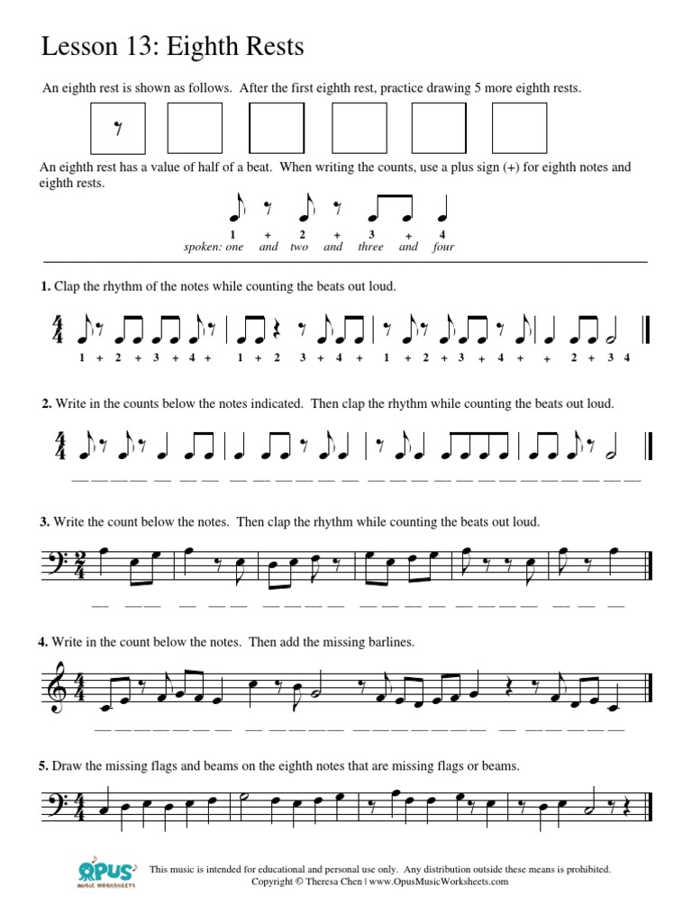 Music Theory Worksheet 28 Eighth Rests  PDF  Musical Forms  Sound