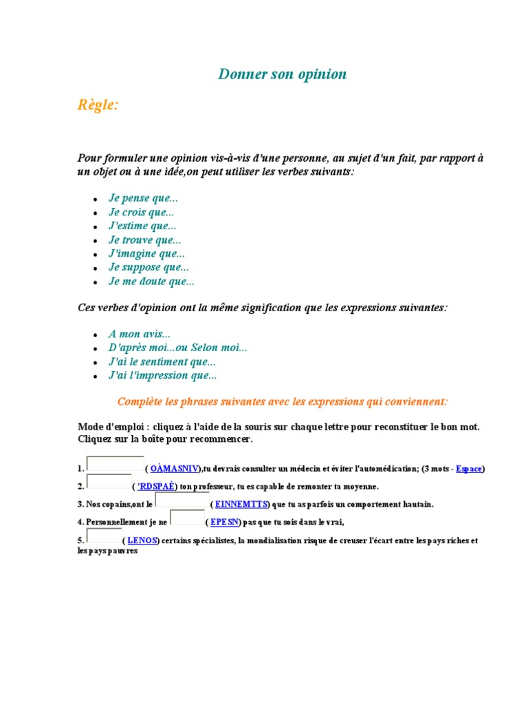 Donner Son Opinion | PDF | Verbe | Phrase