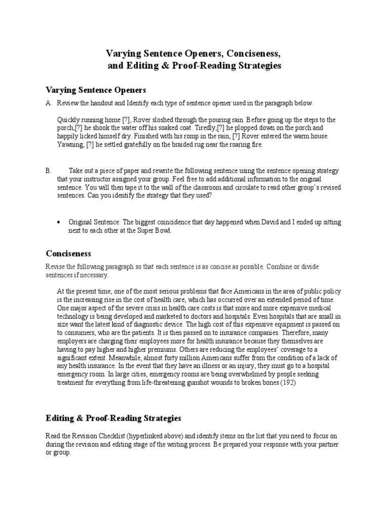 Varying Sentence Openers Worksheet