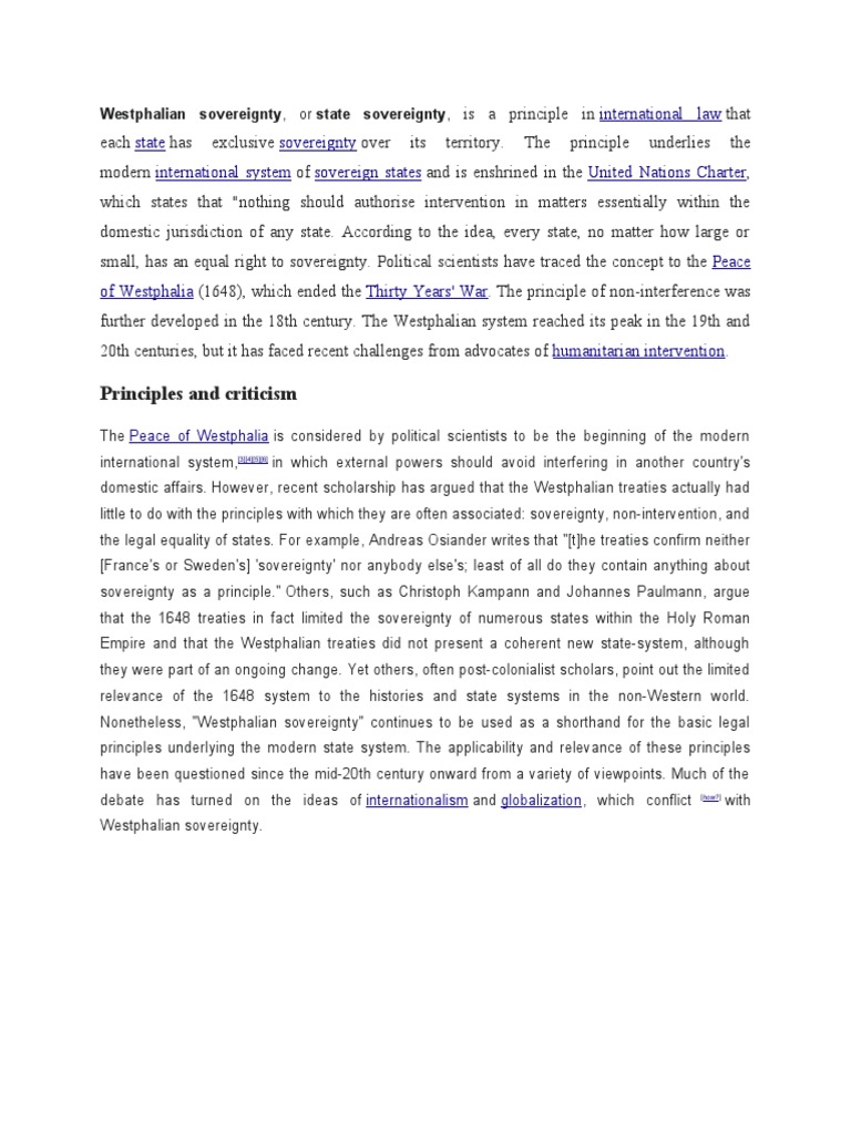 Westphalian Sovereignty PDF International Law Peace