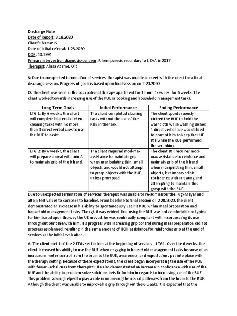 Occupational Therapy Discharge Summary | PDF | Therapy | Psychological ...