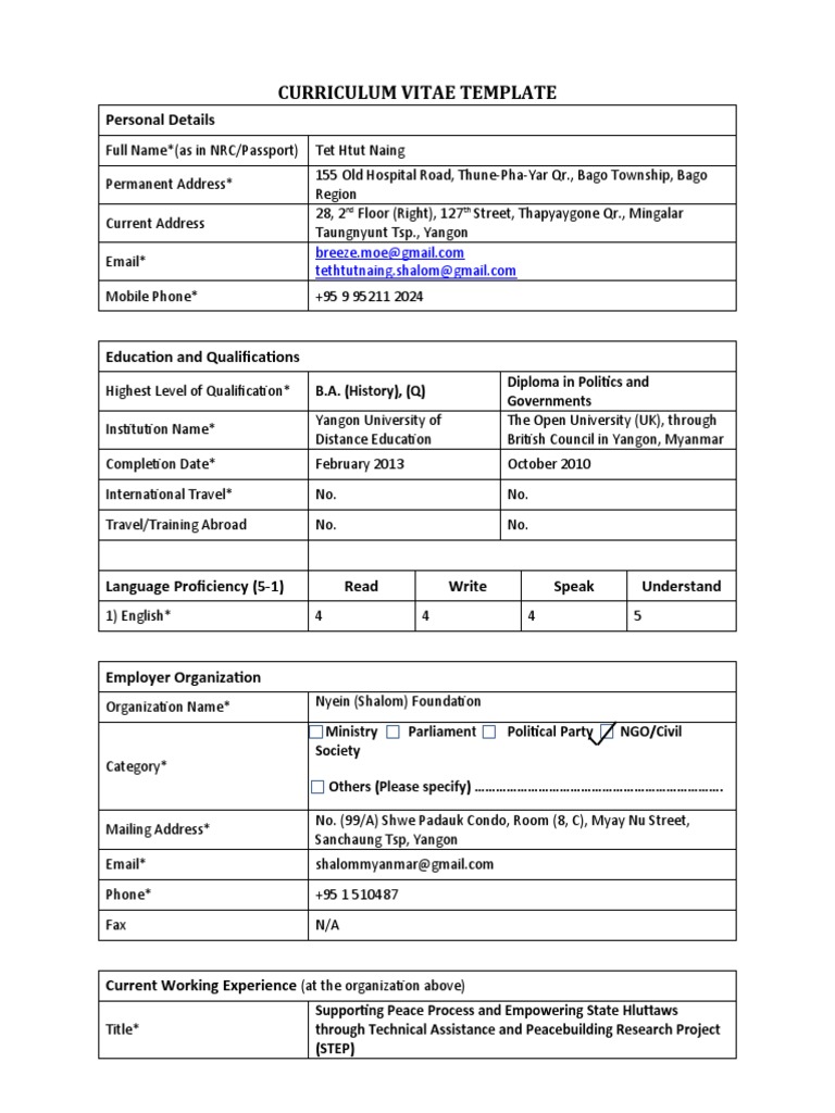 Curriculum Vitae Template: Personal Details | PDF | Peacebuilding ...