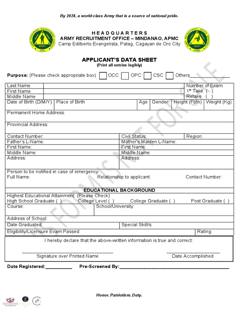 Applicant'S Data Sheet: by 2028, A World-Class Army That Is A Source of ...