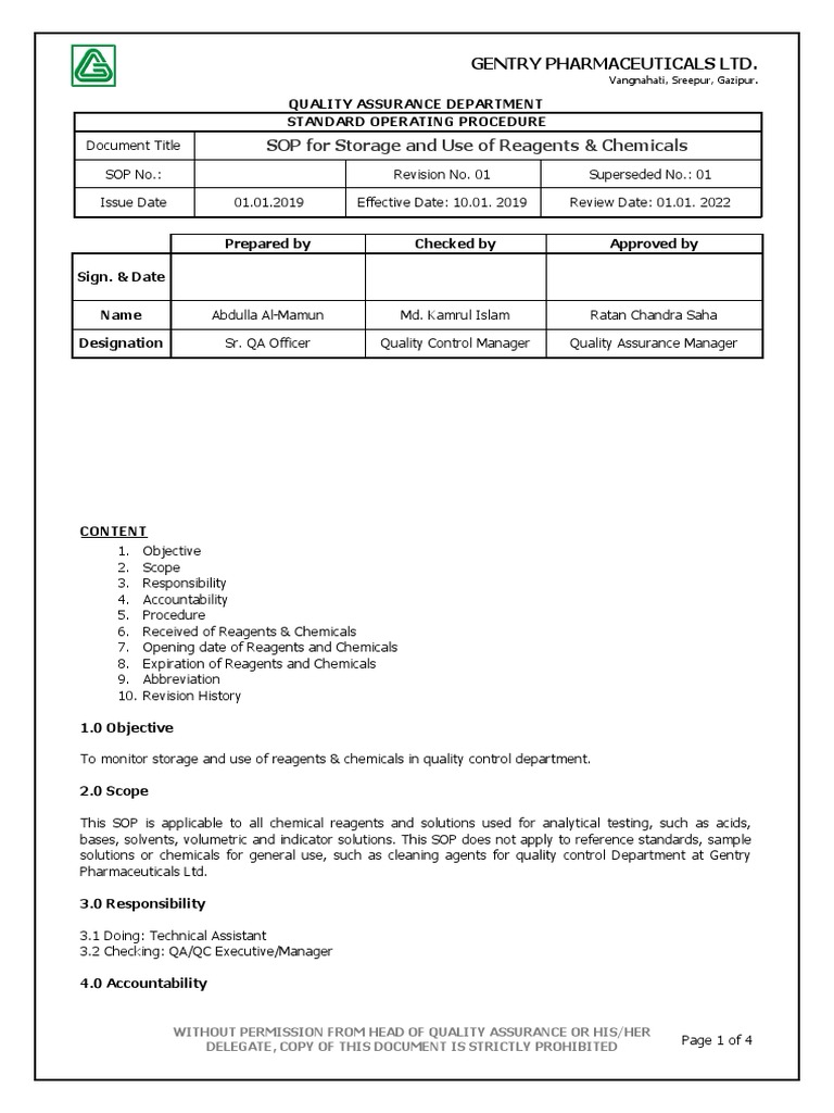 05.SOP For Storage and Use of Reagents & Chemicals PDF Shelf Life