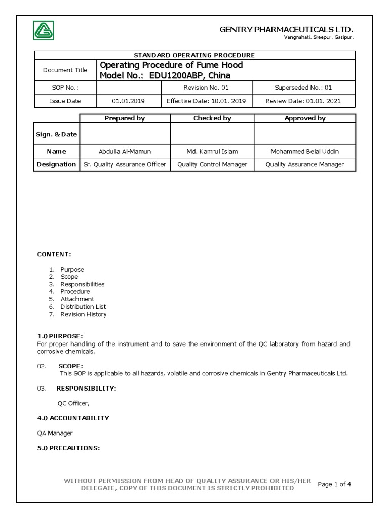Standard Operating Procedure for the Operating Procedure of Fume Hood