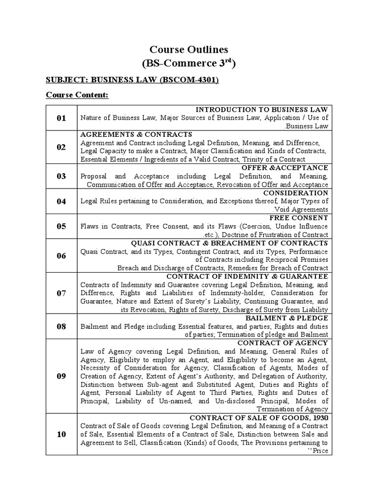 Course Outlines (BS-Commerce 3) : Subject: Business Law) Bscom-4301 ...
