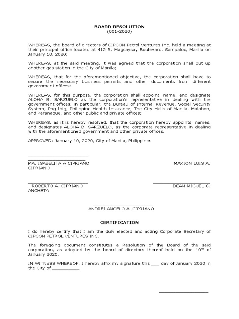 CIPCON Board Resolution for New Gas Station | PDF | Notary Public ...