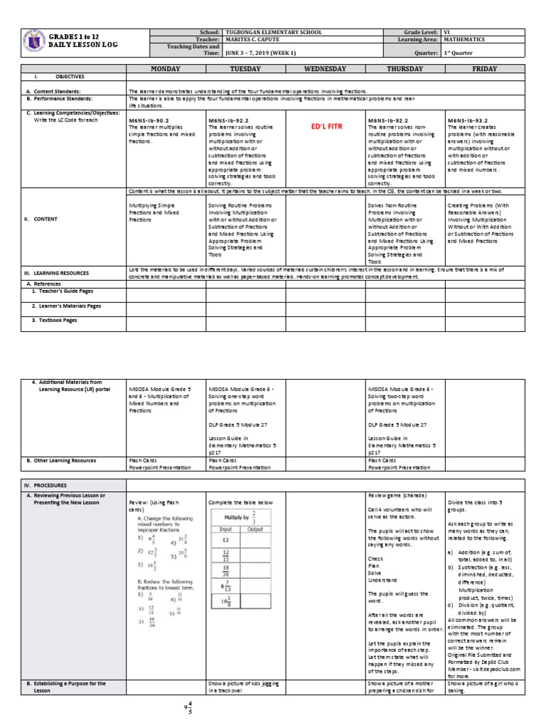 Grade 6 Math DLL: Fractions Week 1 | PDF | Fraction (Mathematics ...