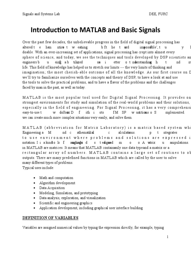 Introduction to MATLAB and Basic Signals Processing Concepts | PDF ...