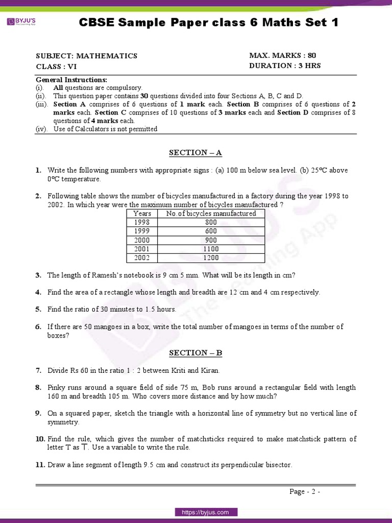 Class 6 Maths Question Paper Set 1 | PDF | Triangle | Elementary Geometry