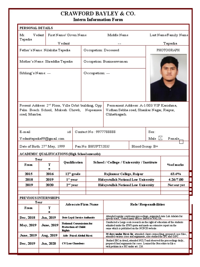 Crawford Bayley & Co.: Intern Information Form | PDF | Justice | Crime ...