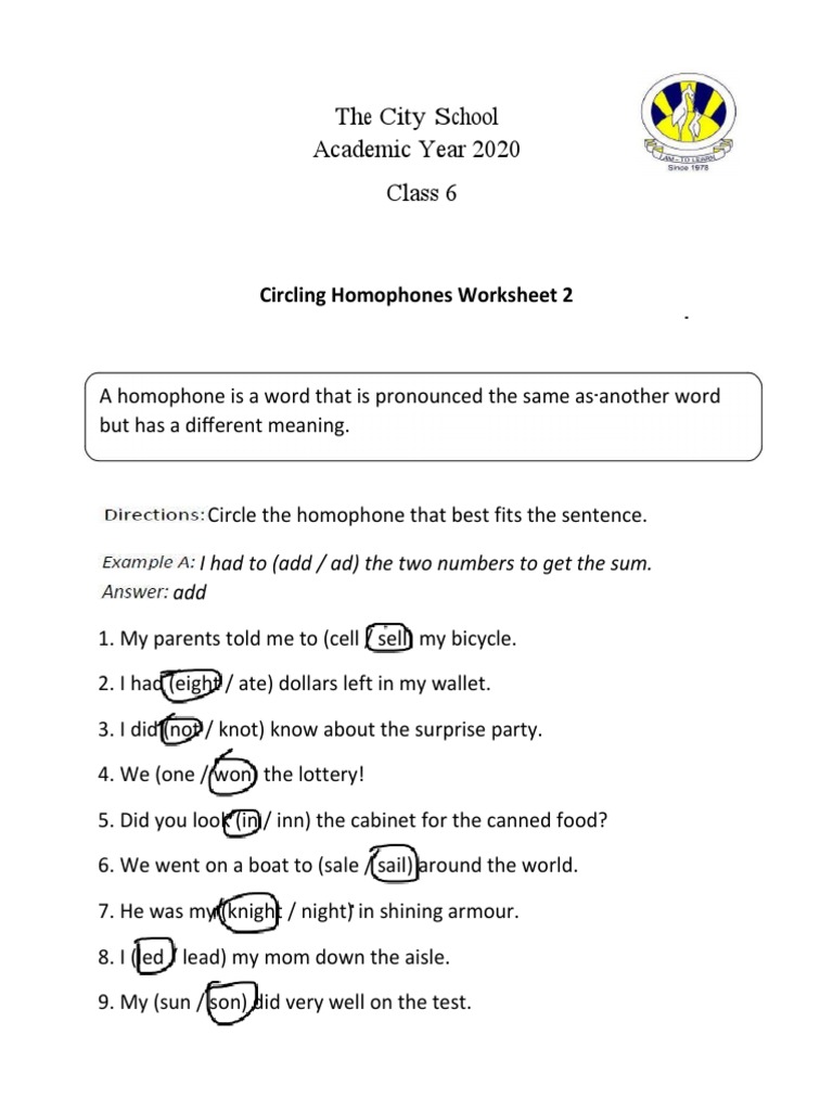 The City School Academic Year 2020 Class 6: Circling Homophones ...