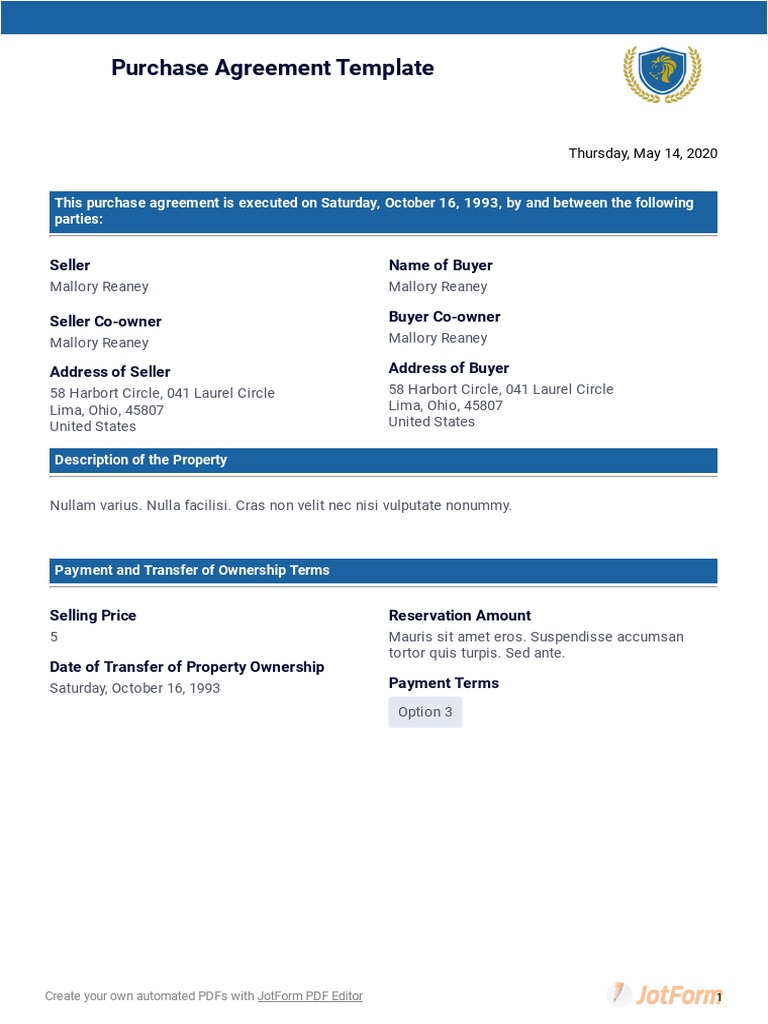 Purchase Agreement Template: Seller Name of Buyer | PDF | Common Law