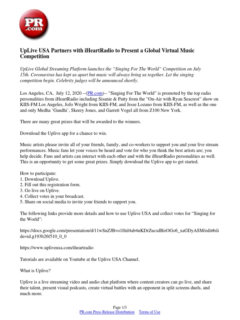 UpLive USA Partners With iHeartRadio To Present A Global Virtual Music Competition PDF Media Technology Internet