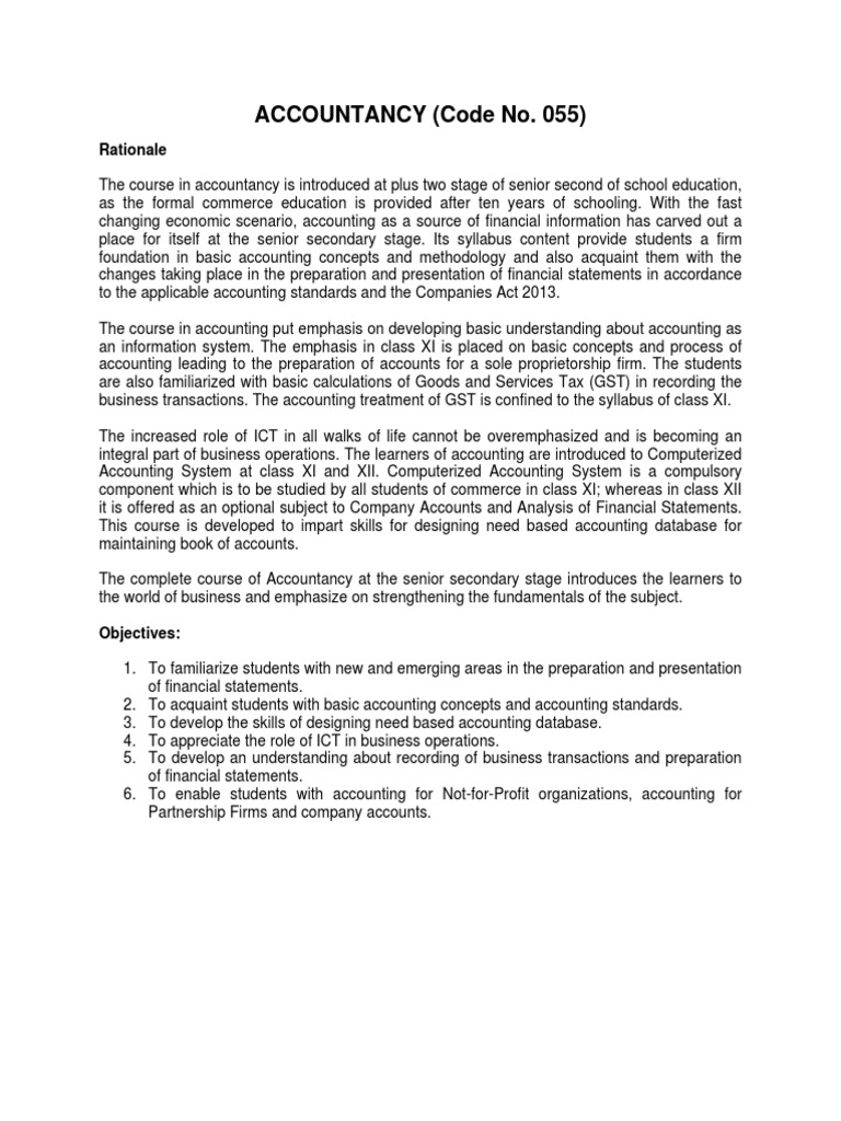 ACCOUNTANCY (Code No. 055) : Rationale | PDF | Bookkeeping | Debits And ...