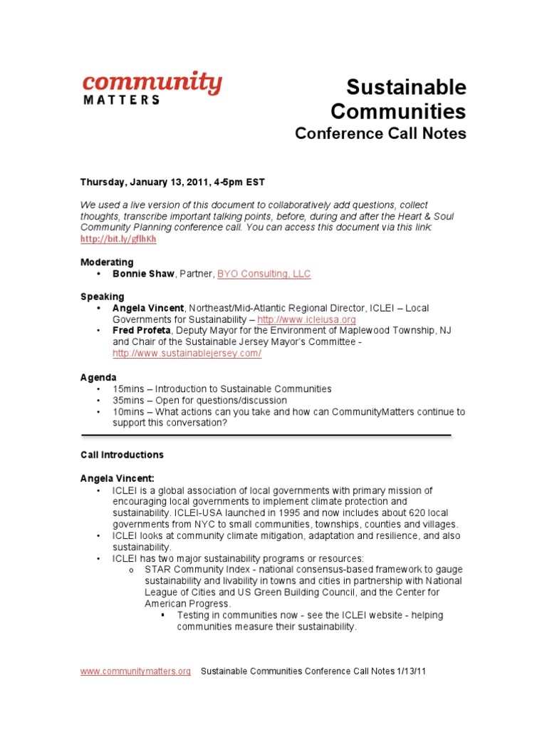 Sustainable Communities Call Notes 2011 | PDF | Sustainability | Community