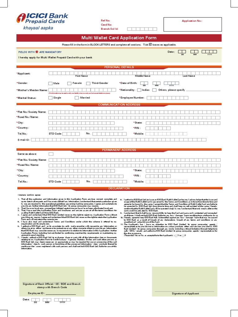 Food Card Application Form - ICICI Bank PDF | PDF | Personal ...