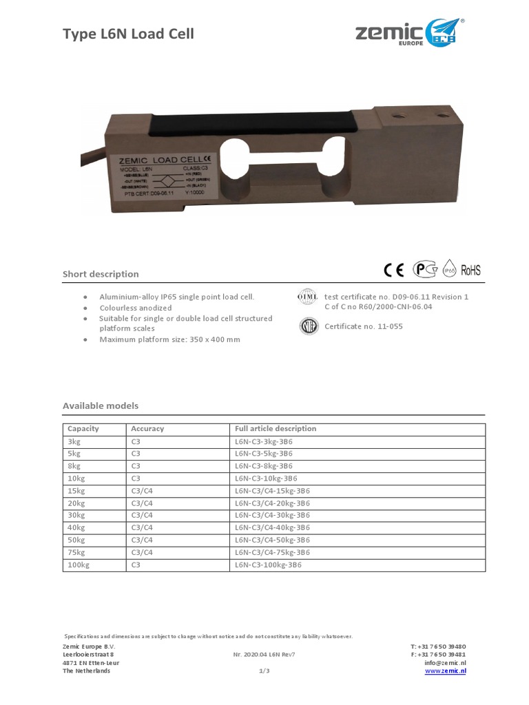 Zemic L6N Load Cell Specifications | PDF | Electrical Resistance And ...