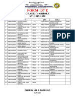 Form 137 E: Grade Iv-Oriole SY: 2019-2020