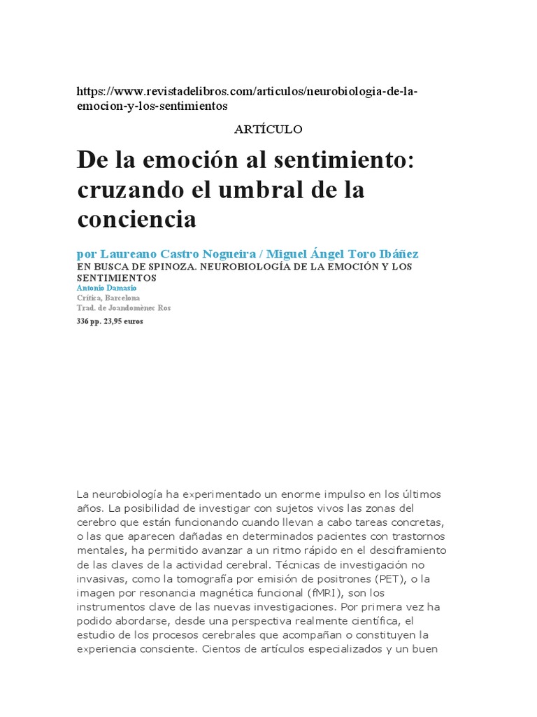 Neurobiología de La Emoción y Sentimiento | PDF | Baruch Spinoza | Las ...
