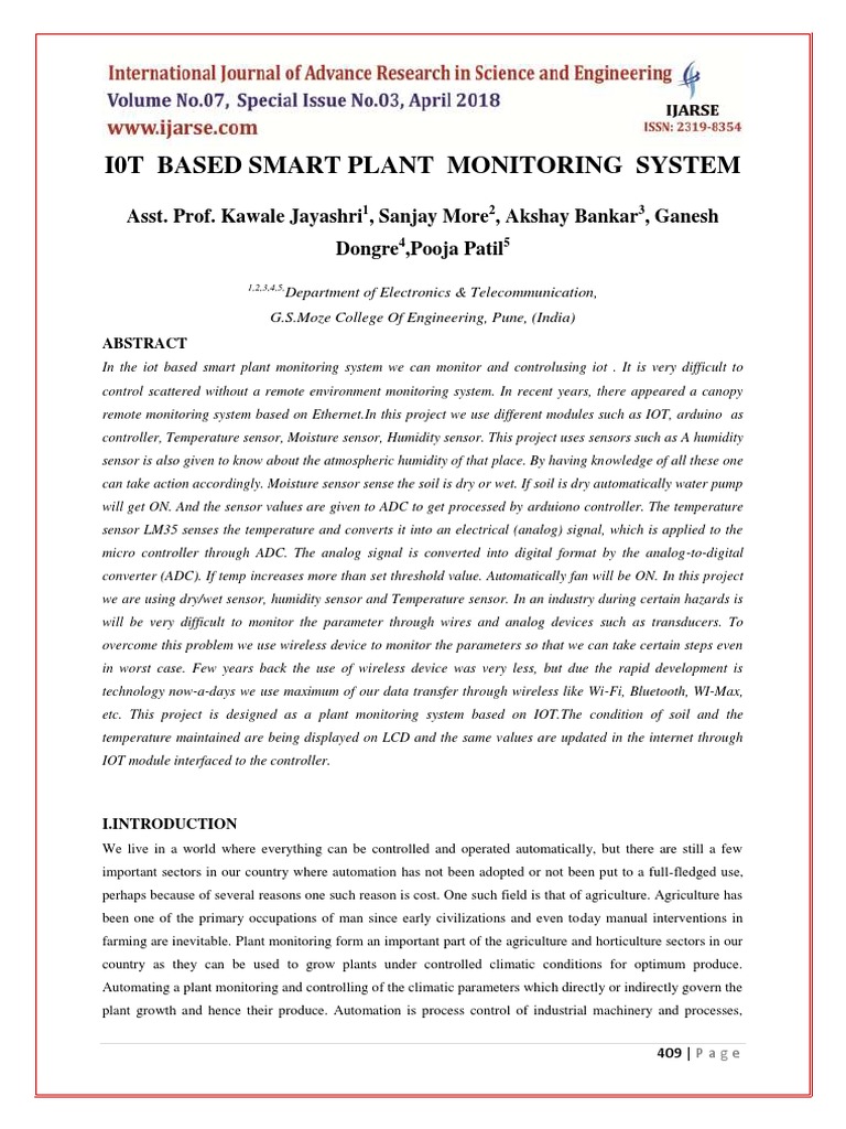 I0T Based Smart Plant Monitoring System | PDF | Wireless Sensor Network ...