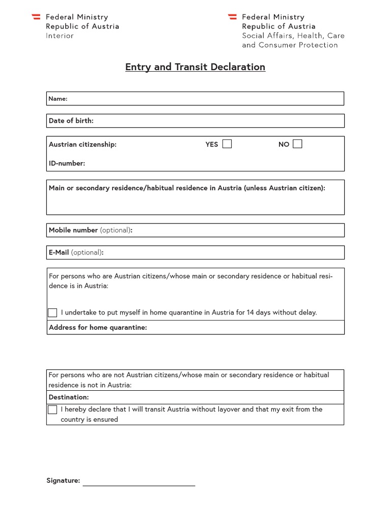 Entry and Transit Declaration - Austria | PDF