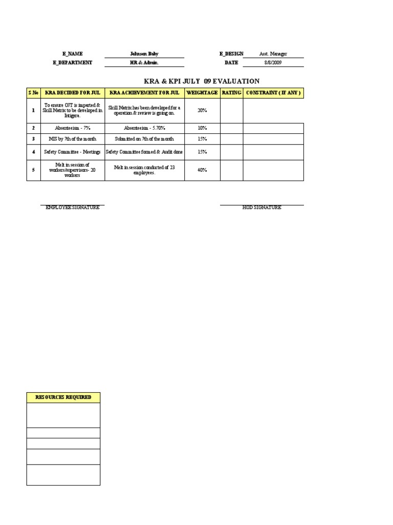 Kra Kpi Evaluation July Pdf Business Labour