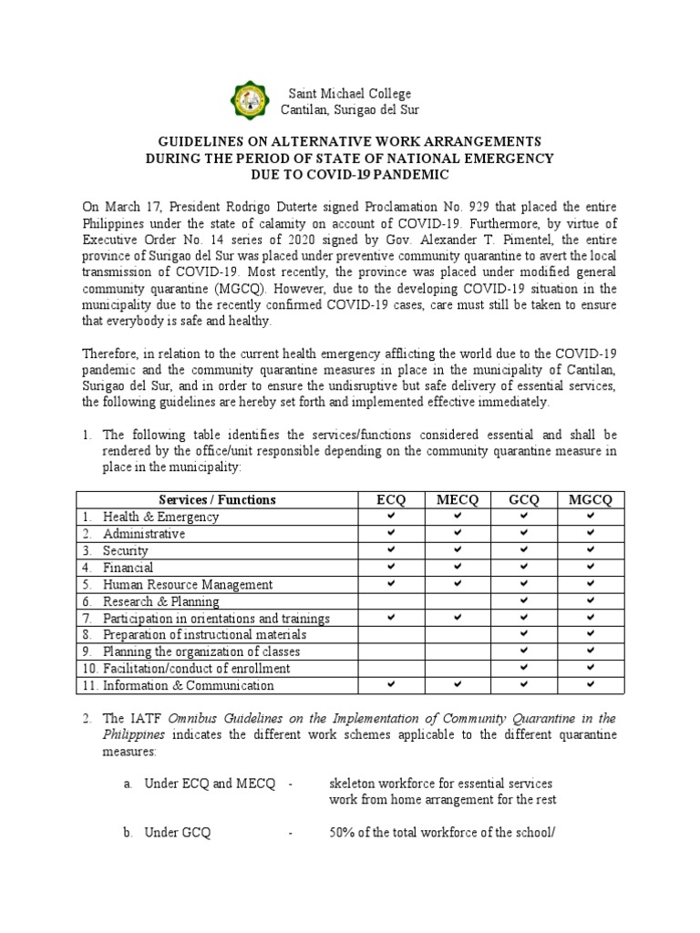 COVID-19 Work Guidelines: Saint Michael | PDF | Business | Wellness