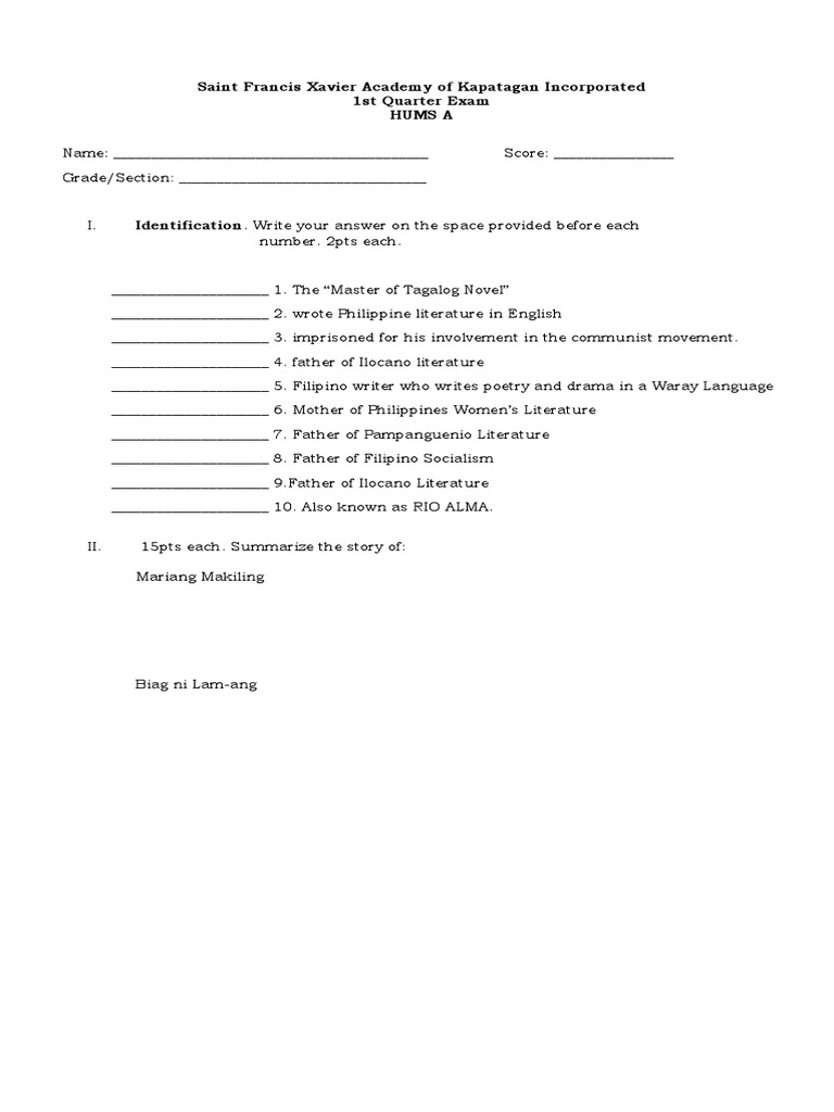 Saint Francis Xavier Academy of Kapatagan Incorporated 1st Quarter Exam