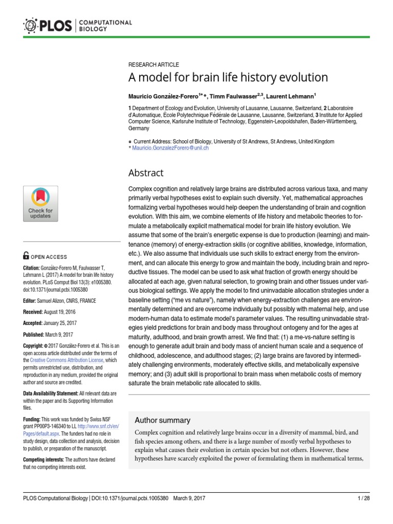 A Model For Brain Life History Evolution Pcbi.1005380 | PDF | Evolution ...