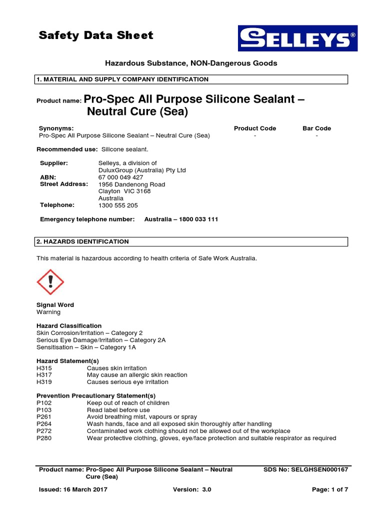 ProSpec All Purpose Silicone Sealant Neutral Cure Sea Aus GHS
