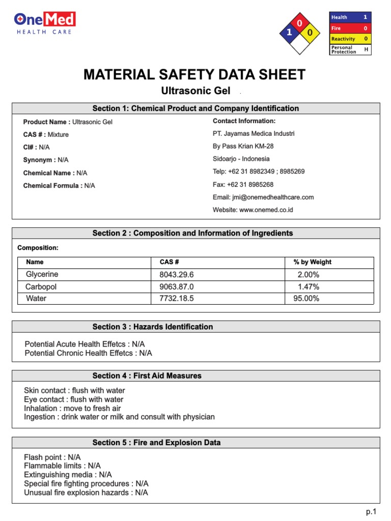 Material Safety Data Sheet: Ultrasonic Gel | PDF | Personal Protective ...