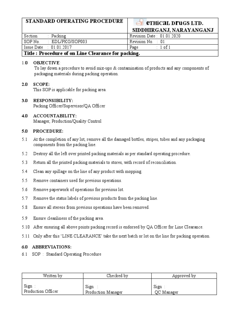 Line Clearance SOP for Packing Operations | PDF | Computers