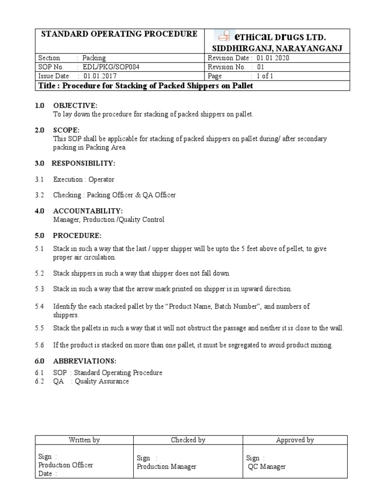 SOP For Stacking of Packed Shippers On Pallet PDF